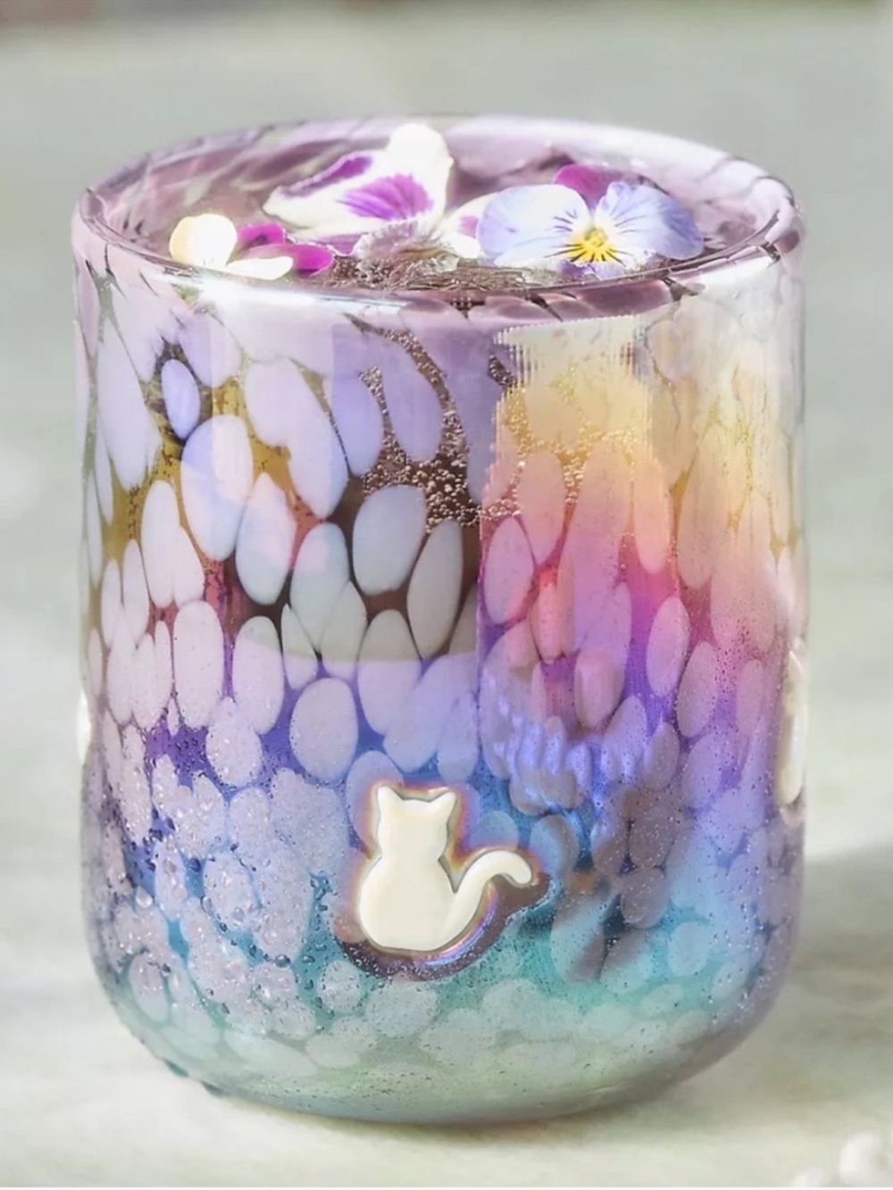 Anthropologie Iridescent Purple Icon Juice Glass Tumbler with White Cat